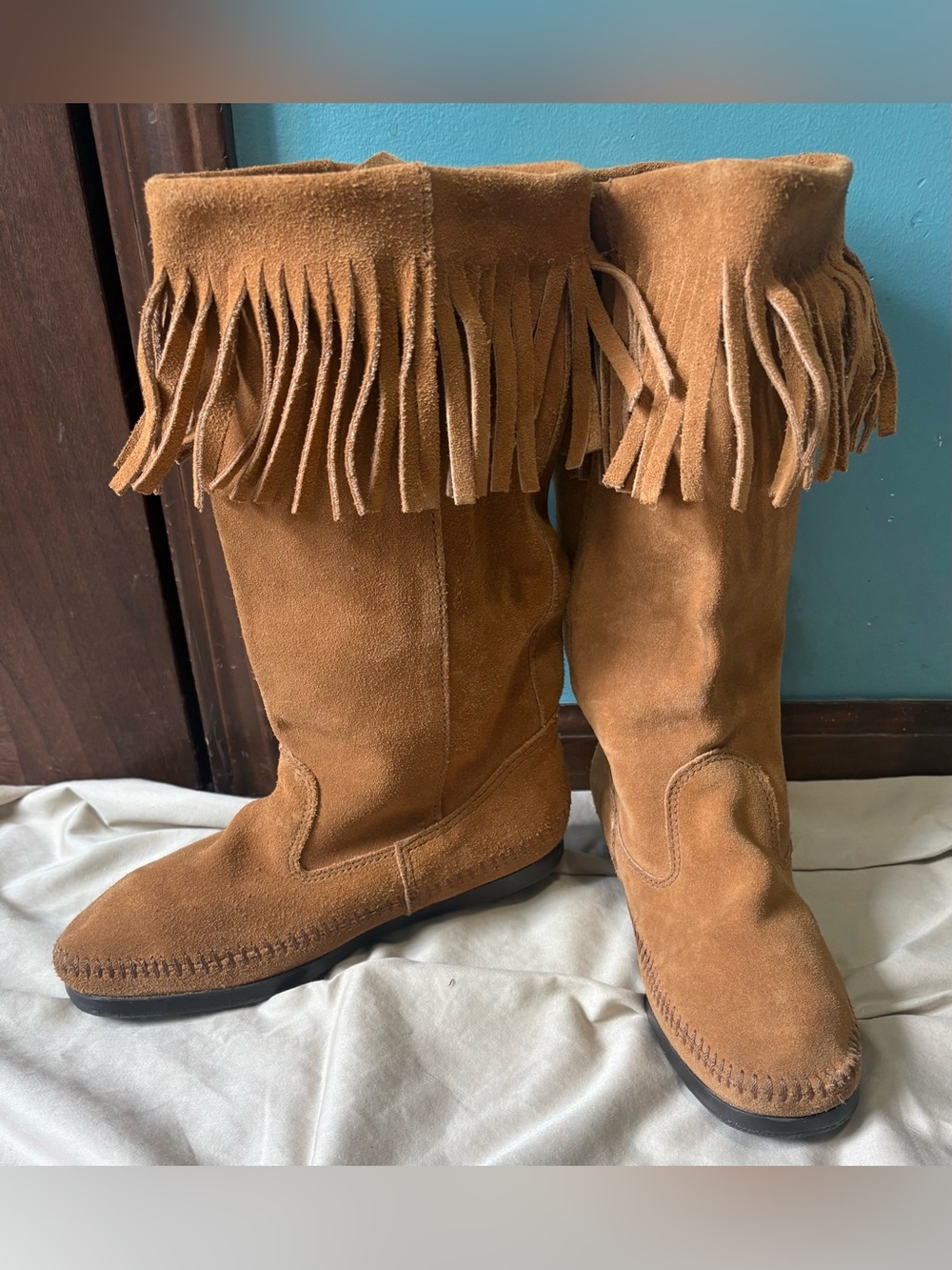Minnetonka Fringe Suede Mid-Calf Boots in Chestnut Brown
